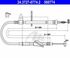 Ate 24.3727-0774 linka hamulca ręcznego opel agila 00-02 prawy tył, opel agila (a) (h00)