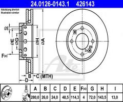 Ate 24.0126-0143 tarcza hamulcowa kia carens ii 02-06, kia carens ii (fj)