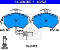 Ate 13.0460-2837 klocki hamulcowe vw passat 99-00 1,6-1,9 tdi z czujnikiem, audi a4 (8d2, b5)