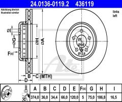 Ate 24.0136-0119 tarcza hamulcowa bmw 7 f01,f02, f03,f04 08- lewy przód, bmw 7 (f01, f02, f03, f04)