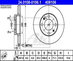 Ate 24.0108-0106 tarcza hamulcowa citroen xsara,zx tył, citroËn zx (n2)