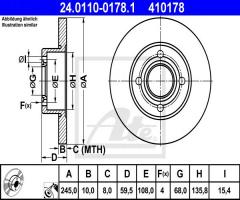 Ate 24.0110-0178 tarcza hamulcowa audi 80 86-95 tył, audi 80 (89, 89q, 8a, b3)