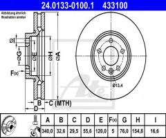 Ate 24.0133-0100 tarcza hamulc. vw t5  09- przód, vw multivan v (7hm, 7hn, 7hf, 7ef, 7em, 7en)