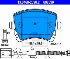 Ate 13.0460-2890 klocki hamulcowe vw phaeton 02- tył z czuj., vw phaeton (3d_)