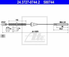 Ate 24.3727-0744 linka hamulca ręcznego opel corsa b 93-00 prawa, opel corsa b (73_, 78_, 79_)