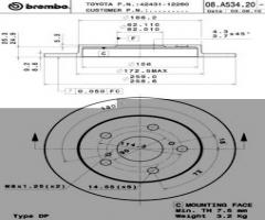Brembo 08.a534.20 tarcza hamulc. toyota auris  07- tył