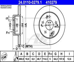 Ate 24.0110-0279 tarcza hamulcowa honda civic 01-05 tył 2,0 type r