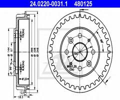 Ate 24.0220-0031 bęben hamulcowy kia sephia 93-04 (-abs), kia sephia sedan (fa)