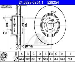 Ate 24.0328-0254 tarcza hamulc. bmw x3 f25  11- przód, bmw x3 (f25)