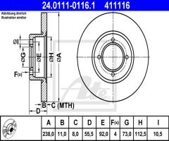 Ate 24.0111-0116 tarcza hamulcowa opel kadett b,c 67-79, opel kadett b