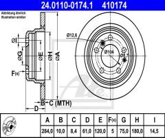 Ate 24.0110-0174 tarcza hamulcowa bmw 5 e28 81-87 tył, bmw 5 (e28)