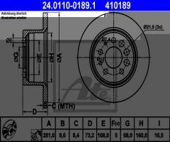 Ate 24.0110-0189 tarcza hamulcowa volvo 240-960 tył, volvo 240 (p242, p244)