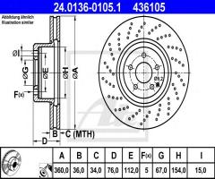 Ate 24.0136-0105 tarcza hamulcowa mercedes w220 s-klasa 02-06 s55amg, mercedes-benz klasa s (w220)