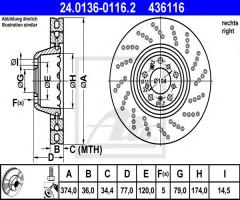 Ate 24.0136-0116 tarcza hamulcowa bmw 5 e60 m5 04-10 prawy przód, bmw 5 (e60)