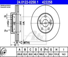 Ate 24.0122-0258 tarcza hamulcowa toyota prius 04- przód, toyota prius hatchback (nhw20_)