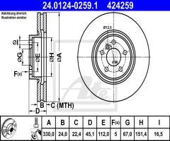 Ate 24.0124-0259 tarcza hamulc. bmw 2 f45  14- przód, bmw 2 active tourer (f45)