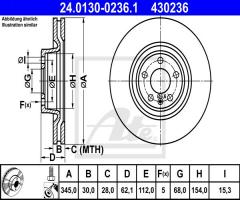 Ate 24.0130-0236 tarcza hamulc. audi a6 allroad  12- przód, audi a6 allroad (4gh, 4gj)