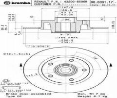 Brembo 08.b391.17 tarcza hamulcowa+łożysko(zest. 1 szt) renault tył, renault megane cc (ez0/1_)